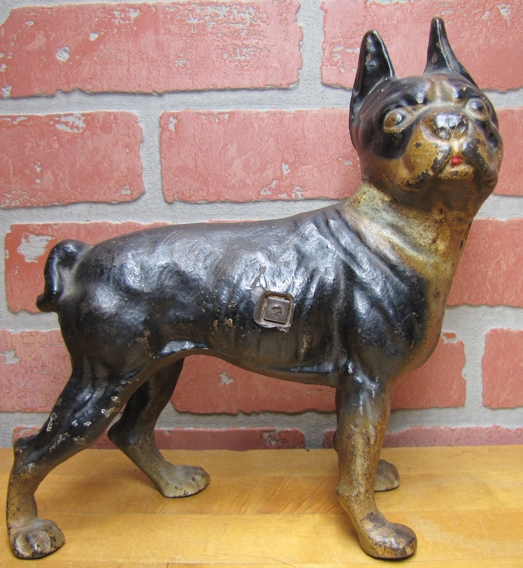 BOSTON TERRIER BULLDOG DOG Antique Cast Iron Doorstop Old Paint Unusual Version