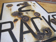 Load image into Gallery viewer, 2 TRACKS Original Old Train Station Railroad Porcelain Sign RR Black &amp; White
