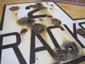 2 TRACKS Original Old Train Station Railroad Porcelain Sign RR Black & White