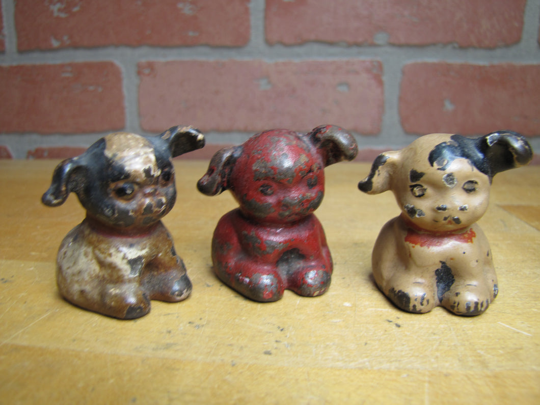 3 Antique Cast Iron Fido Dog Paperweights Small Decorative Desk Shelf Art Statue