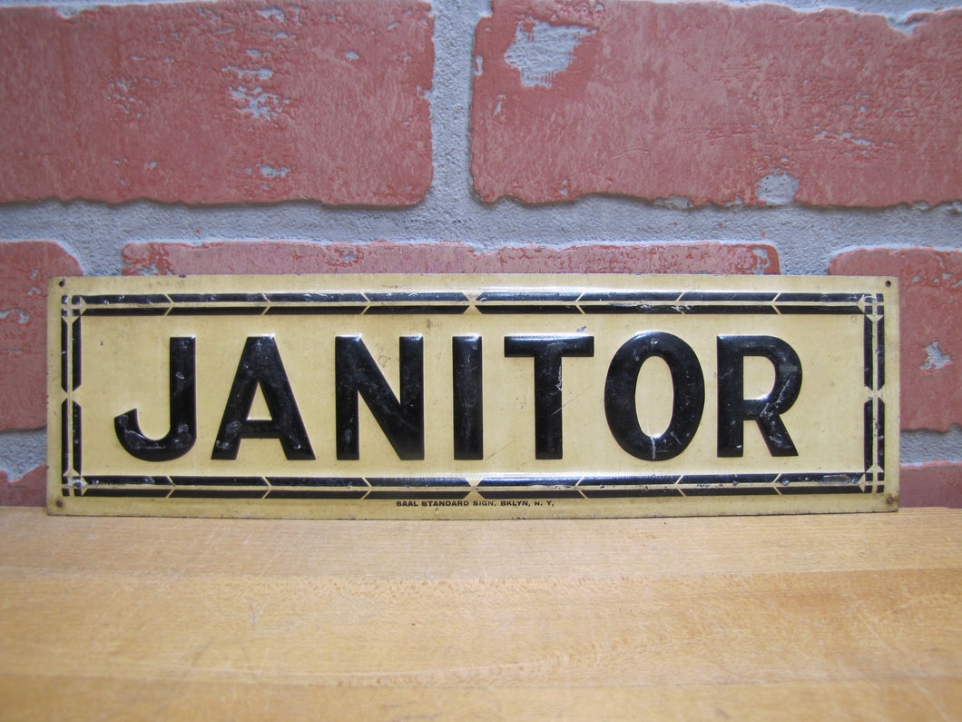 JANITOR Antique Advertising Sign Embossed Tin SAAL STANDARD BROOKLYN NY