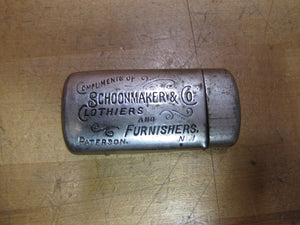SCHOONMAKER & Co CLOTHIERS & FURNISHERS PATERSON NJ Antique Ad Match Holder Safe