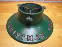 Load image into Gallery viewer, CHRISTMAS GREETINGS Antique Cast Iron Xmas Tree Stand Embossed Lettering
