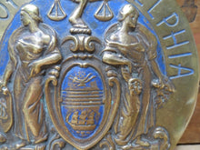Load image into Gallery viewer, CITY OF PHILADELPHIA Maneto Old Brass Plaque Sign Let Brotherly Love Continue
