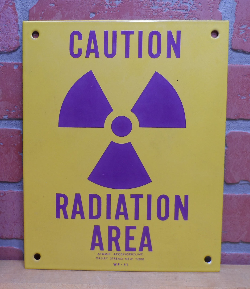 CAUTION RADIATION AREA Old Porcelain Sign ATOMIC ACCESSORIES NY WP-41 Safety Ad