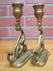 Load image into Gallery viewer, Serpent Griffin Beast Monster Old Pair Brass Figural Chambersticks Candlesticks
