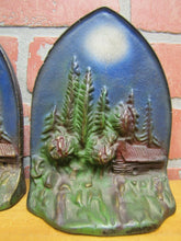 Load image into Gallery viewer, CABIN IN MOONLIGHT Old Cast Iron Pair Bookends Landscape Forest Scene Detailed
