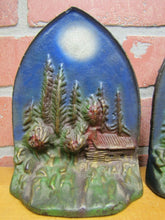 Load image into Gallery viewer, CABIN IN MOONLIGHT Old Cast Iron Pair Bookends Landscape Forest Scene Detailed
