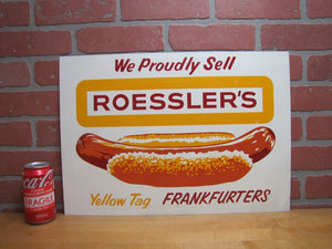 ROESSLER'S YELLOW TAG FRANKFURTERS Old Hot Dog Advertising Sign Connecticut Restaurant Fast Food Co