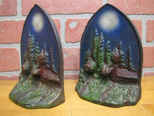 Load image into Gallery viewer, CABIN IN MOONLIGHT Old Cast Iron Pair Bookends Landscape Forest Scene Detailed
