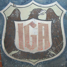 Load image into Gallery viewer, 1920s IGA INDEPENDENT GROCERS ALLIANCE SMALTZ Sign Sand Paint Grocery Store Ad
