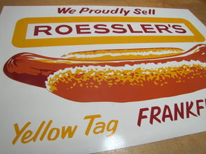 ROESSLER'S YELLOW TAG FRANKFURTERS Old Hot Dog Advertising Sign Connecticut Restaurant Fast Food Co