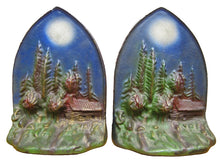 Load image into Gallery viewer, CABIN IN MOONLIGHT Old Cast Iron Pair Bookends Landscape Forest Scene Detailed

