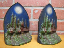 Load image into Gallery viewer, CABIN IN MOONLIGHT Old Cast Iron Pair Bookends Landscape Forest Scene Detailed
