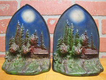 Load image into Gallery viewer, CABIN IN MOONLIGHT Old Cast Iron Pair Bookends Landscape Forest Scene Detailed

