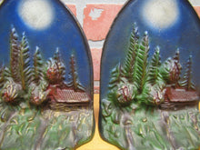 Load image into Gallery viewer, CABIN IN MOONLIGHT Old Cast Iron Pair Bookends Landscape Forest Scene Detailed
