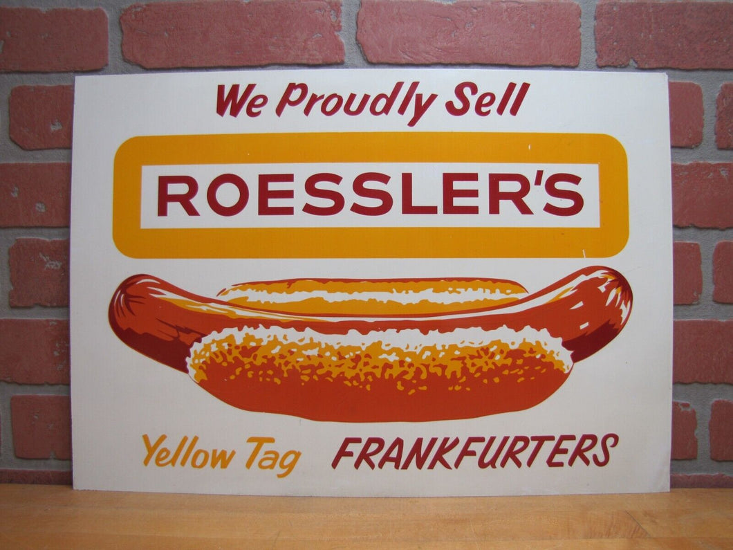 ROESSLER'S YELLOW TAG FRANKFURTERS Old Hot Dog Advertising Sign Connecticut Restaurant Fast Food Co