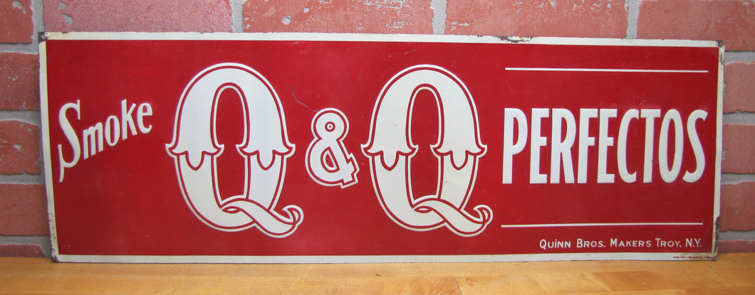 SMOKE Q&Q PERFECTOS Old Embossed Cigar Store Advertising Sign QUINN BROS TROY NY