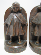 Load image into Gallery viewer, JB JENNING BROS INNOCENCE Antique Bronze Clad Bookends Young Girl Ornate Detailing Decorative Art Statues

