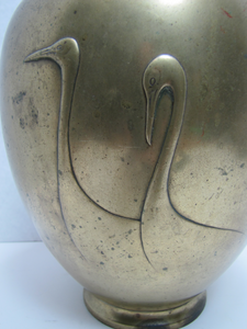 Ducks Swans Old Brass Bulbous Decorative Arts Vase Chinese Asian Marked Signed High Relief Birds