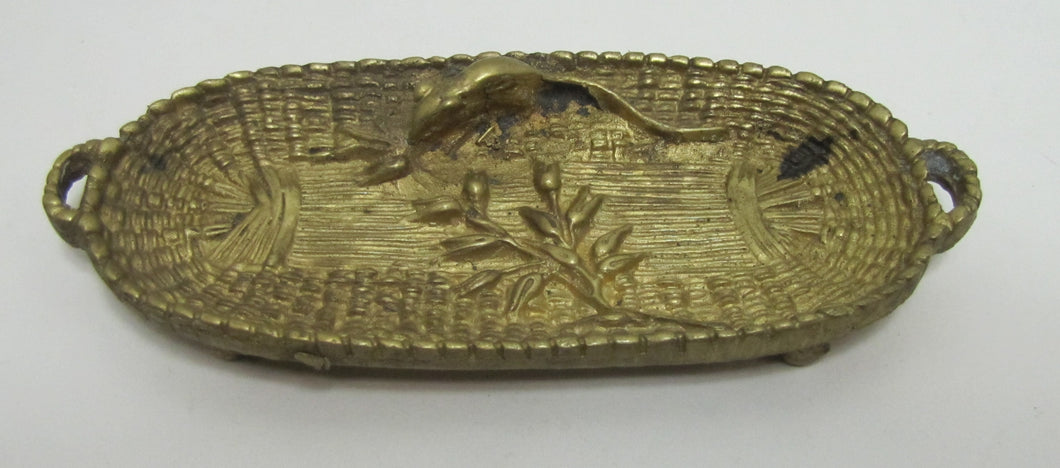 Antique Mouse Rat Brass Basket Wheat Decorative Arts Tray Card Tip Pin Ring Jewelry Trinket Knick Knack
