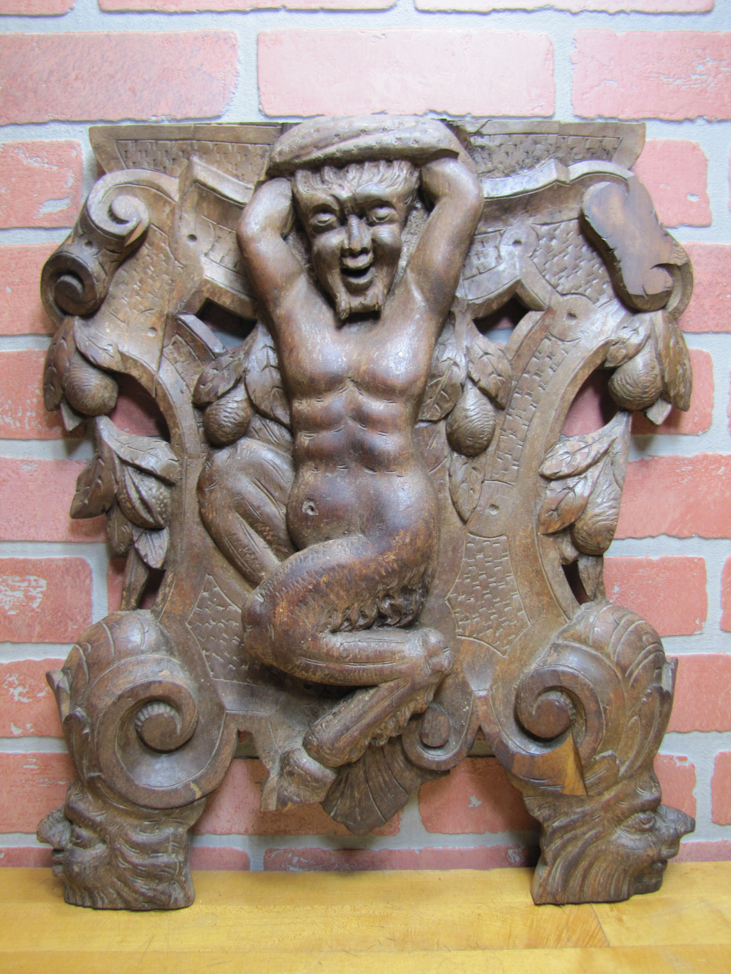 Antique Wooden Carved Faun Monster Beast Archictural Hardware Element Salvage Panel Part Decorative Arts