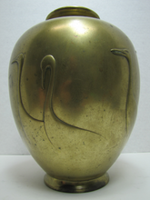 Load image into Gallery viewer, Ducks Swans Old Brass Bulbous Decorative Arts Vase Chinese Asian Marked Signed High Relief Birds
