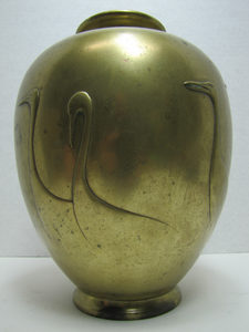 Ducks Swans Old Brass Bulbous Decorative Arts Vase Chinese Asian Marked Signed High Relief Birds