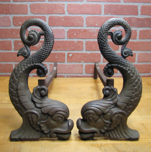 B&H BRADLEY & HUBBARD Antique Bronze Devil Fish Koi Dauphin Andirons Hearth Ware