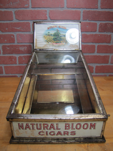 NATURAL BLOOM CIGARS Antique Cigar Store Display Case Tin Litho Sign PROPERTY OF HARRY BLUM NYC FELDHUHN DISPLAY CASE Co NYC