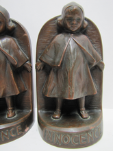 Load image into Gallery viewer, JB JENNING BROS INNOCENCE Antique Bronze Clad Bookends Young Girl Ornate Detailing Decorative Art Statues
