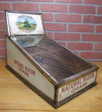 Load image into Gallery viewer, NATURAL BLOOM CIGARS Antique Cigar Store Display Case Tin Litho Sign PROPERTY OF HARRY BLUM NYC FELDHUHN DISPLAY CASE Co NYC
