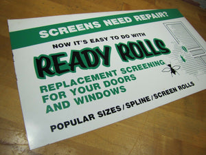 READY ROLLS SCREENS Hardware Store Advertising Sign Bugs Flies Critters