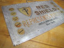 Load image into Gallery viewer, RED SHIELD REPRESENTS PURITY JAS G POWERS &amp; Co NY Antique Grocery Store Ad Sign

