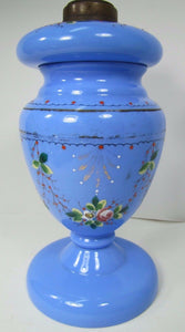 Antique Blue Glass Lamp Hand Painted Flowers Removable Insert Periwinkle Milk