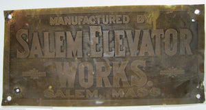 Antique SALEM ELEVATOR WORKS Brass Sign Salem Mass Architectural Hardware Plaque