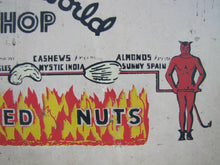 Load image into Gallery viewer, DOUBLE KAY KK NUT SHOP DEVILS TURNING SIZZLING BARBECUED NUTS Old WF Expo Sign
