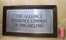 Load image into Gallery viewer, THE ALLIANCE INSURANCE CO OF PHILADELPHIA Antique Framed Sign GOODMAN Co NY USA
