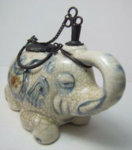 Load image into Gallery viewer, Elephant Old Asian Porcelain Op Pipe Oil Lamp unusual thin metal handle tool top
