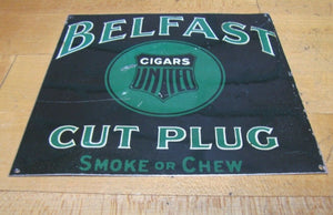 Old BELFAST CIGARS UNITED Cut Plug Smoke or Chew Tin Advertising Sign Cigar Shop