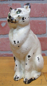 CJO JUDD CAT Orig Old Cast Iron Doorstop Decorative Art Statue White Green Eyes