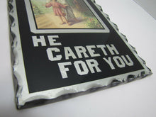 Load image into Gallery viewer, Old Chip Glass Mirror Foil Tin HE CARETH FOR YOU Religious Sign Plaque
