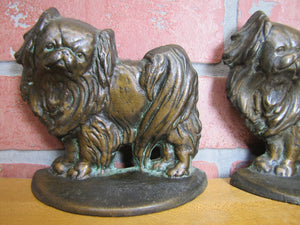 Old PEKINGESE Bookends Cast Iron Bronze Wash Decorative Art Dog Statues