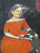 Load image into Gallery viewer, Girl in Red Dress with Black Cat Outsider Folk Art Watercolor Painting A. Romano
