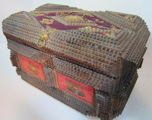 Tramp Art ZUM ANDENKEN IN MEMORIUM Ornately Decorated Antique Box Folk Artwork