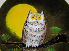 Load image into Gallery viewer, Mid Century Owl Enamel over Copper Plate artist signed Ratcliff nicely detailed
