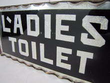 Load image into Gallery viewer, Antique LADIES TOILET Chip Glass Foil Sign thick scalloped edge tin frame ad
