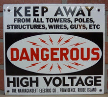 Load image into Gallery viewer, DANGEROUS HI VOLT NARRAGANSETT Elec Co PROVIDENCE RI Old Porcelain 2 Sided SignDANGEROUS HI VOLT NARRAGANSETT Elec Co PROVIDENCE RI Old Porcelain 2 Sided Sign
