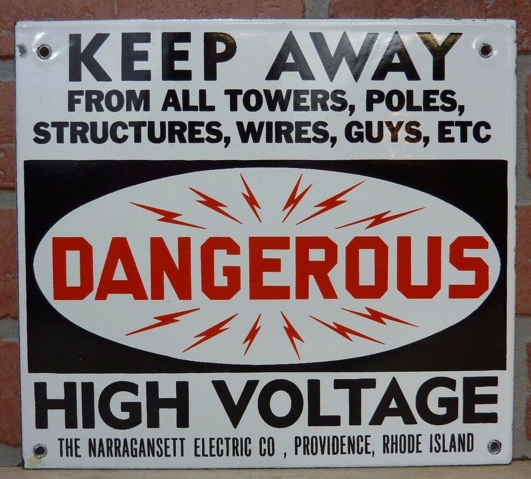 DANGEROUS HI VOLT NARRAGANSETT Elec Co PROVIDENCE RI Old Porcelain 2 Sided SignDANGEROUS HI VOLT NARRAGANSETT Elec Co PROVIDENCE RI Old Porcelain 2 Sided Sign