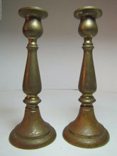 Load image into Gallery viewer, Antique Candlesticks small pair bronze brass fine details lovely old worn patina
